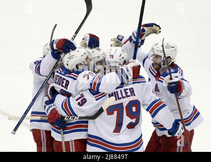 Pittsburgh, USA. 13th May, 2022. The New York Rangers celebrates New York Rangers center Mika Zibanejad game winning goal late in the third period of game six of the first round of the Stanley Cups Playoffs at PPG Paints Arena in Pittsburgh on Friday, May 13, 2022. The 5-3 Rangers win ties the series at three games all. Photo by Archie Carpenter/UPI Credit: UPI/Alamy Live News Stock Photo