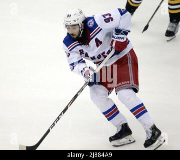 Pittsburgh, USA. 13th May, 2022. New York Rangers center Mika Zibanejad (93) scores his third goal of the game and the game winner against the Pittsburgh Penguins in the third period in game six of the first round of the Stanley Cups Playoffs at PPG Paints Arena in Pittsburgh on Friday, May 13, 2022. The 5-3 Rangers win ties the series at three games all. Photo by Archie Carpenter/UPI Credit: UPI/Alamy Live News Stock Photo