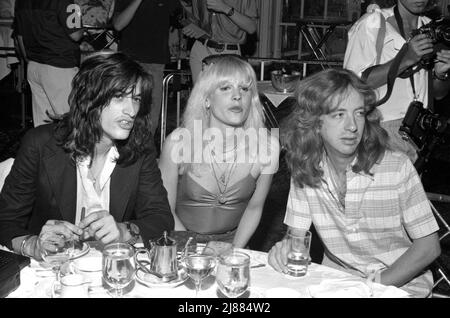 Joe Perry, Elyssa Jerret and Brad Whitford  at the press conference before the premiere of Sgt. Pepper's Club Band at the Beverly Wilshire Hotel in Beverly Hills, California on July 16, 1978 Credit: Ralph Dominguez/MediaPunch Stock Photo