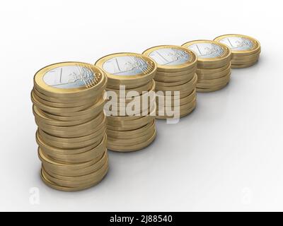One euro coins stack on a white background. 3d illustration Stock Photo ...