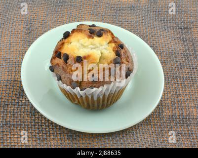 One chocolate chip muffin in paper muffin cup on green breakfast or snack plate Stock Photo