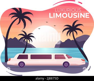 Limousine Car with Sunset or Sunrise Views on the Beach in Flat Cartoon Illustration Stock Vector