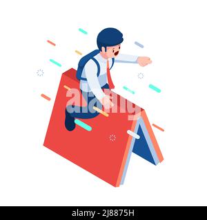 Flat 3d Isometric Businessman Riding Flying Book. Back to School and Education Concept. Stock Vector