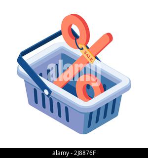 Flat 3d Isometric Red Percentage Sign in Shopping Basket. Marketing Concept. Stock Vector