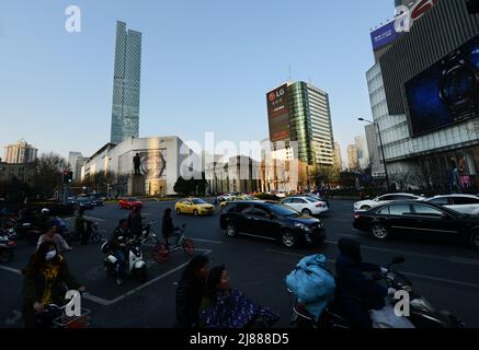 Statue of Dr. Sun Yat-sen at the center of Xinjiekou, Nanjing, China. Stock Photo