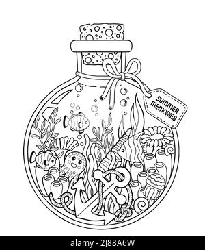 Black and white Coloring book page for adult. Underwater life in a glass bottle, sea creatures, algae and shells for summer memories Stock Vector
