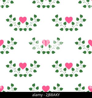 Beautiful pink heart with leafy petals isolated on white background is in Seamless pattern - vector illustration Stock Vector