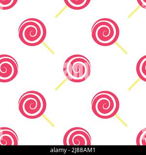 Pink lollypop with stick isolated on white background is in Seamless pattern - vector illustration Stock Vector