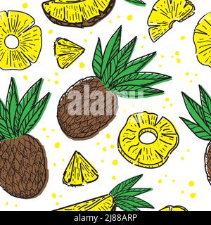 Seamless pineapple pattern, drawn doodle elements in sketch style. Whole pineapple, parts, leaves, slices, core, juice drops. Vector illustration, iso Stock Vector