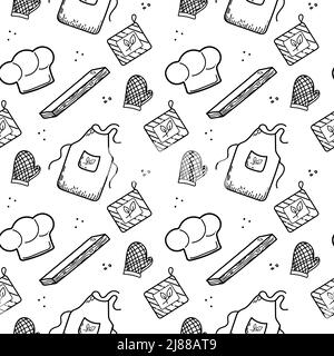 A seamless pattern of chef's hand-drawn doodle elements. Chef's tools and clothing: hood, oven mitts and food cutting board. Vector illustration Stock Vector