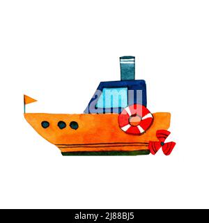 Watercolor hand drawn illustration of red steamer with pipe and red flags. Red life buoy. Ship in cartoon style. Design for covers, cards, backgrounds Stock Photo