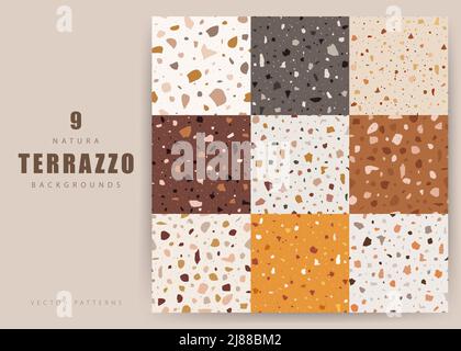 Set of terrazzo seamless backgrounds. Endless patterns for fabric, wallpaper, stoneware. Vector illustration in flat style Stock Vector