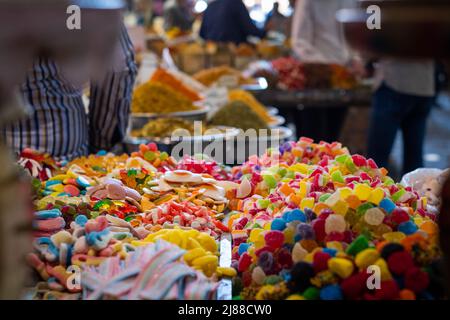 pile of colorful gummy candies, jelly candy shop on street bazaar in Damascus Stock Photo