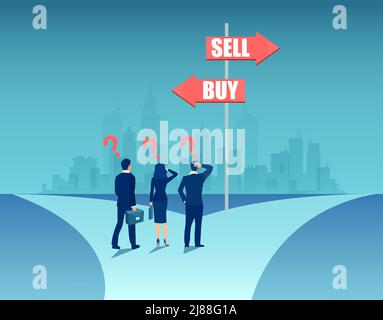 Vector of confused business people standing at crossroads with buy sell signs Stock Vector