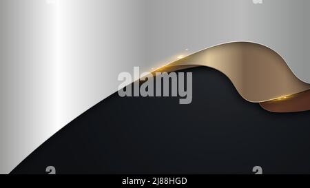 Abstract luxury silver, golden, copper metallic wave overlapping layer on black background paper cut style. Vector illustration Stock Vector