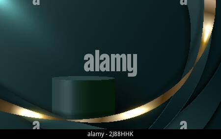 3D realistic modern luxury template design green podium curved shapes with golden ribbon line and lighting on dark green background. Vector graphic il Stock Vector