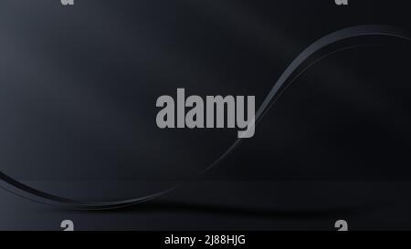 3D realistic black ribbon wave lines elements on dark room background luxury style. Vector illustration Stock Vector