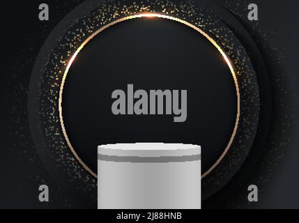 Abstract elegant 3D white podium with black circles layer backdrop golden ring and lighting effect on dark background luxury style. Vector illustratio Stock Vector
