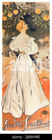 A late 19th century Art Nouveau poster showing Yvette Guilbert, a French cabaret singer and actress of the Belle Époque, standing before an audience. The artist is Ferdinand Bac (1859-1952) Stock Photo