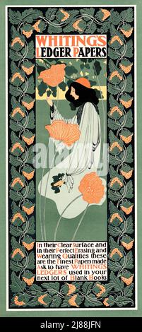 The late 19th century American Art Nouveau poster for Whiting's ledger papers. The artist is Will Bradley (1868-1962) Stock Photo