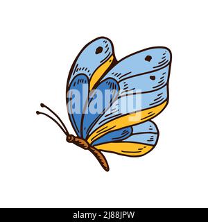 Hand drawn butterfly if Ukrainian flag colors. Vector illustration. Stop the war. Stand with Ukraine Stock Vector