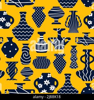 Antique ceramic vases and clay pottery shape silhouette with ornaments seamless pattern vector illustration Stock Vector