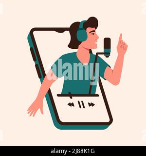 The concept of a mobile application for podcasts with a person talking in a media player on the screen. Podcaster with headphones, speaking into the m Stock Vector