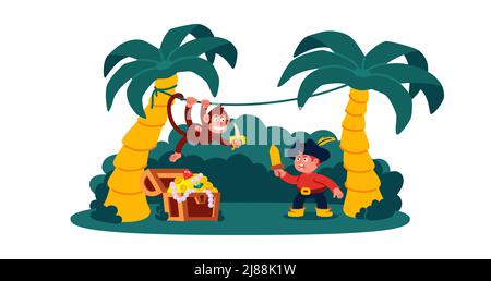 A pirate child fights against a monkey on a palm liana with a banana in his hand guarding a treasure chest in the jungle cartoon vector illustration i Stock Vector