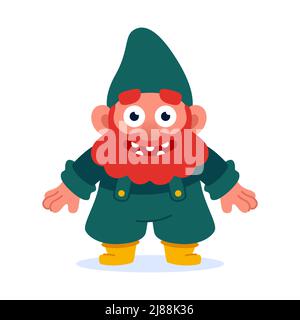 Cartoon cute dwarf with red beard standing and smile. Funny little gnome in yellow wellies. Flat cartoon vector illustration Stock Vector