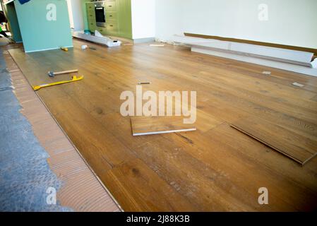 Installation of a Hardwood Floor Stock Photo
