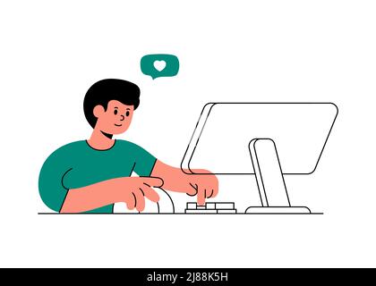 Man using computer for social network, business marketing or other. Character work on pc modern outline vector illustration Stock Vector