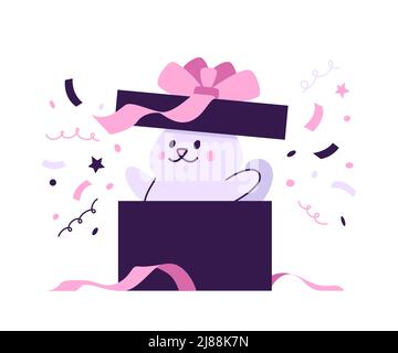 Cute cat in surprise gift box with confetti vector illustration for birthday children card or invitation Stock Vector