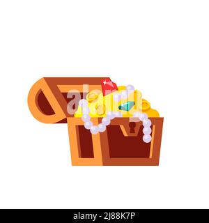 Cartoon wooden treasure chest with golden coin, diamonds and pearl necklace vector illustration Stock Vector