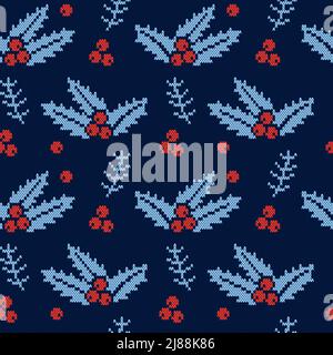 Cozy knitted christmas seamless pattern with holly leaves and red berries Stock Vector