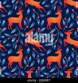 Fashion christmas magic deer and winter plants with red berries seamless pattern. Stock Vector