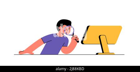 Man with magnifying glass in his hand looks at the monitor and research. Concept abstract online internet reserch vector illustration Stock Vector