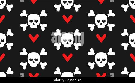 Skulls with shape heart eye and red hearts seamless pattern for valentine's day Stock Vector