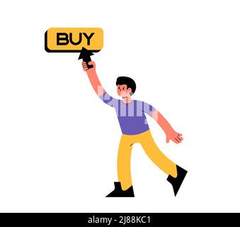 Man hold computer arrow and press on button with text buy vector illustration. Concept abstract online shopping in cyberspace metaverse Stock Vector