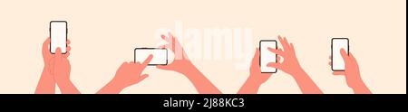 Human holds the smart phone in hand and touches the screen with finger flat vector illustration set Stock Vector