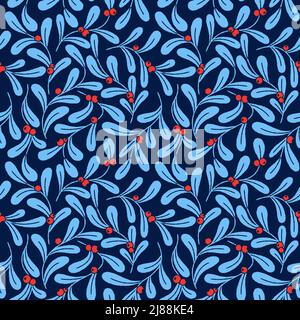 Christmas floral seamless background with christmas plant branches and red berries. Holiday ornate seamless pattern with hand drawn effect vector Stock Vector