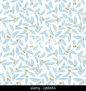 Seamless pattern with golden olives brench and blue leaves hand drawn pastel colors vector illustration Stock Vector