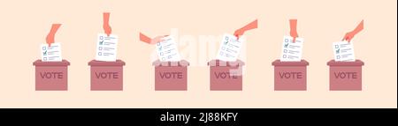 Hand with the ballot paper throws the sheet into the voting box vector illustration Stock Vector