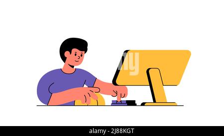 Man is working at a computer, use a computer mouse and typing on keyboard vector illustration simple graphic style Stock Vector