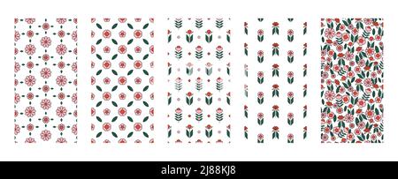 Set of nordic floral seamless pattern with geometric flower elements line style vector illustration Stock Vector