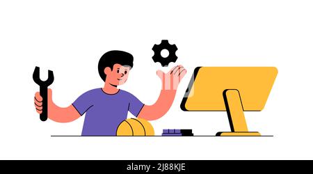 Man is sitting in front of a computer, wrench in one hand and gear in the other. Abstract concept man from remote help service or assistance vector il Stock Vector