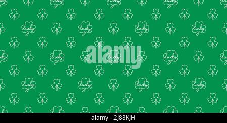 Seamless pattern one line continuous clover and shamrock with lucky text on green background design for Irish holiday st. Patrick's day vector illustr Stock Vector
