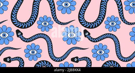 Abstract mystic spiritual blue flower with eye and snake with third eye simple geometric outline style seamless pattern vector illustration Stock Vector