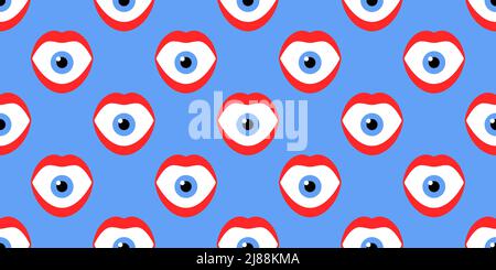 Abstract surreal the eye in the mouth psychedelic pop art style seamless pattern vector illustration Stock Vector
