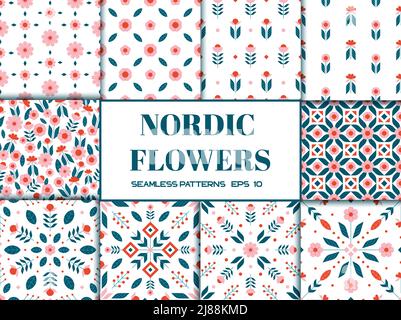 Big set of Scandinavian nordic floral seamless pattern with simple geometric flower elements pastel colors vector illustration Stock Vector