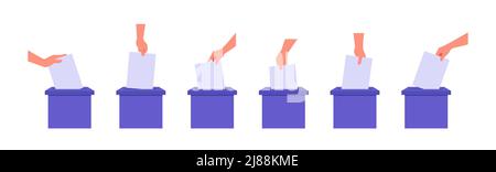 Flat hand drops an empty sheet into the box vector illustration set. The concept of voting or mail Stock Vector